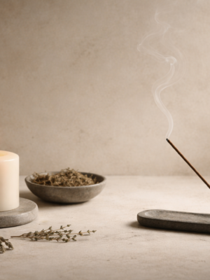Curated ritual kits with stones, botanicals, and shadow-work guides on a dark textured background.